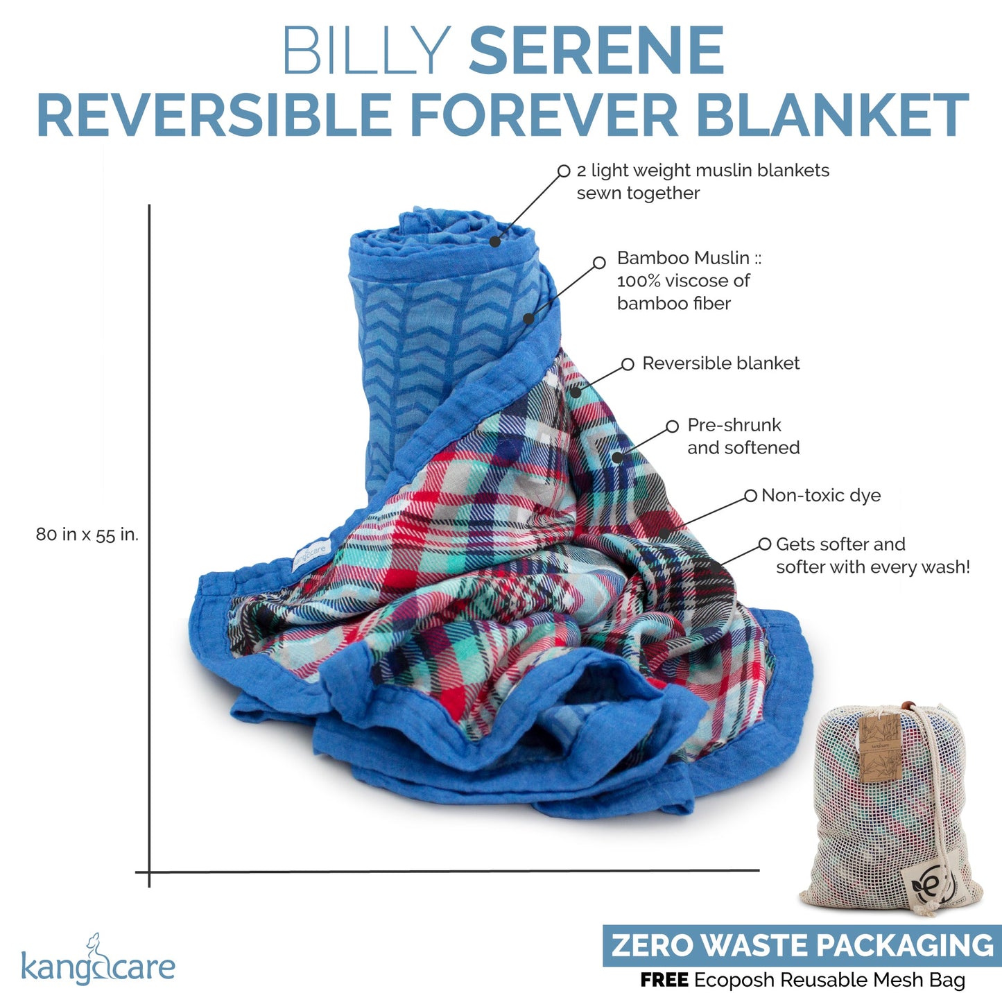 Kanga Care Bamboo Muslin Blanket - Forever: Billy (reversible)