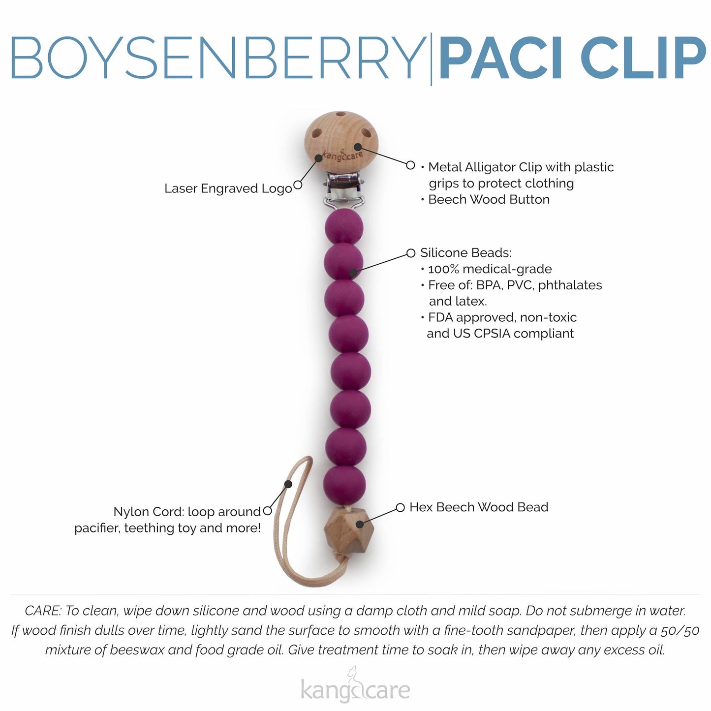 Kanga Care Silicone & Wood Paci Clip - Boysenberry