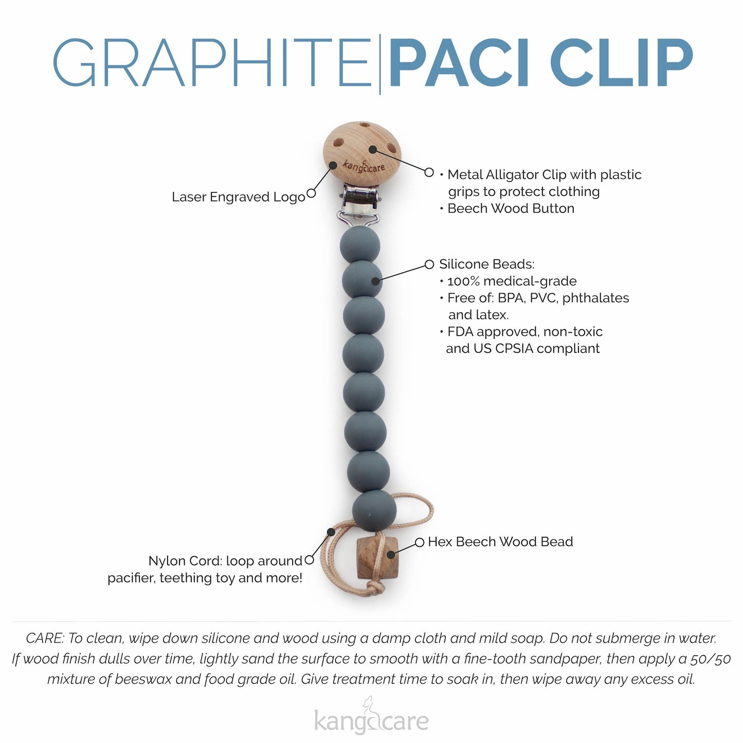 Kanga Care Silicone & Wood Paci Clip - Graphite