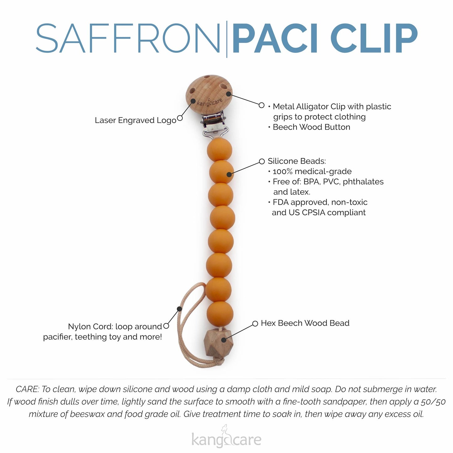Kanga Care Silicone & Wood Paci Clip - Saffron
