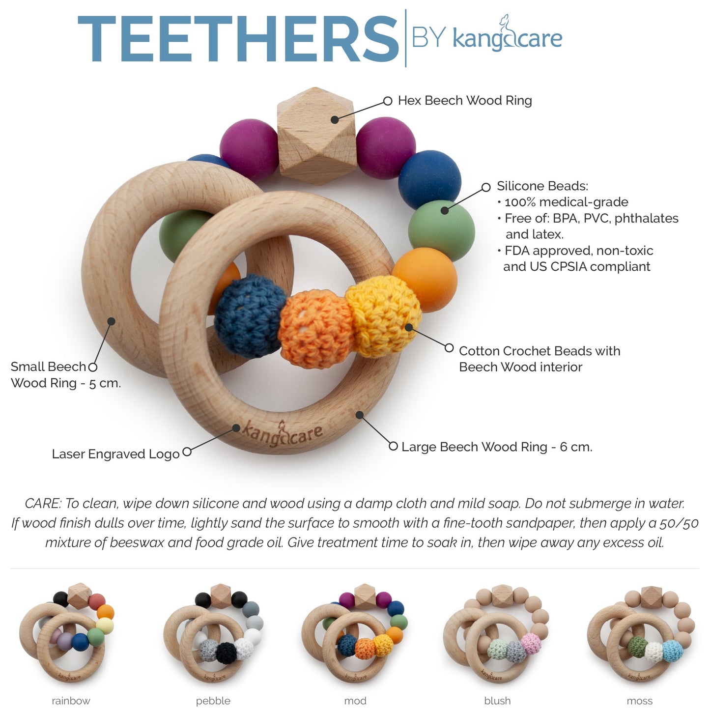 Kanga Care Silicone & Wood Teething Ring - Bubble - Rainbow