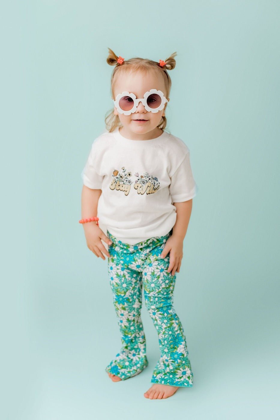 Blue Flower Power Jersey Knit Bell Bottoms for Babies, Toddlers and Girls