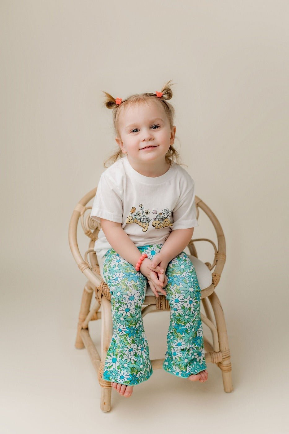 Blue Flower Power Jersey Knit Bell Bottoms for Babies, Toddlers and Girls