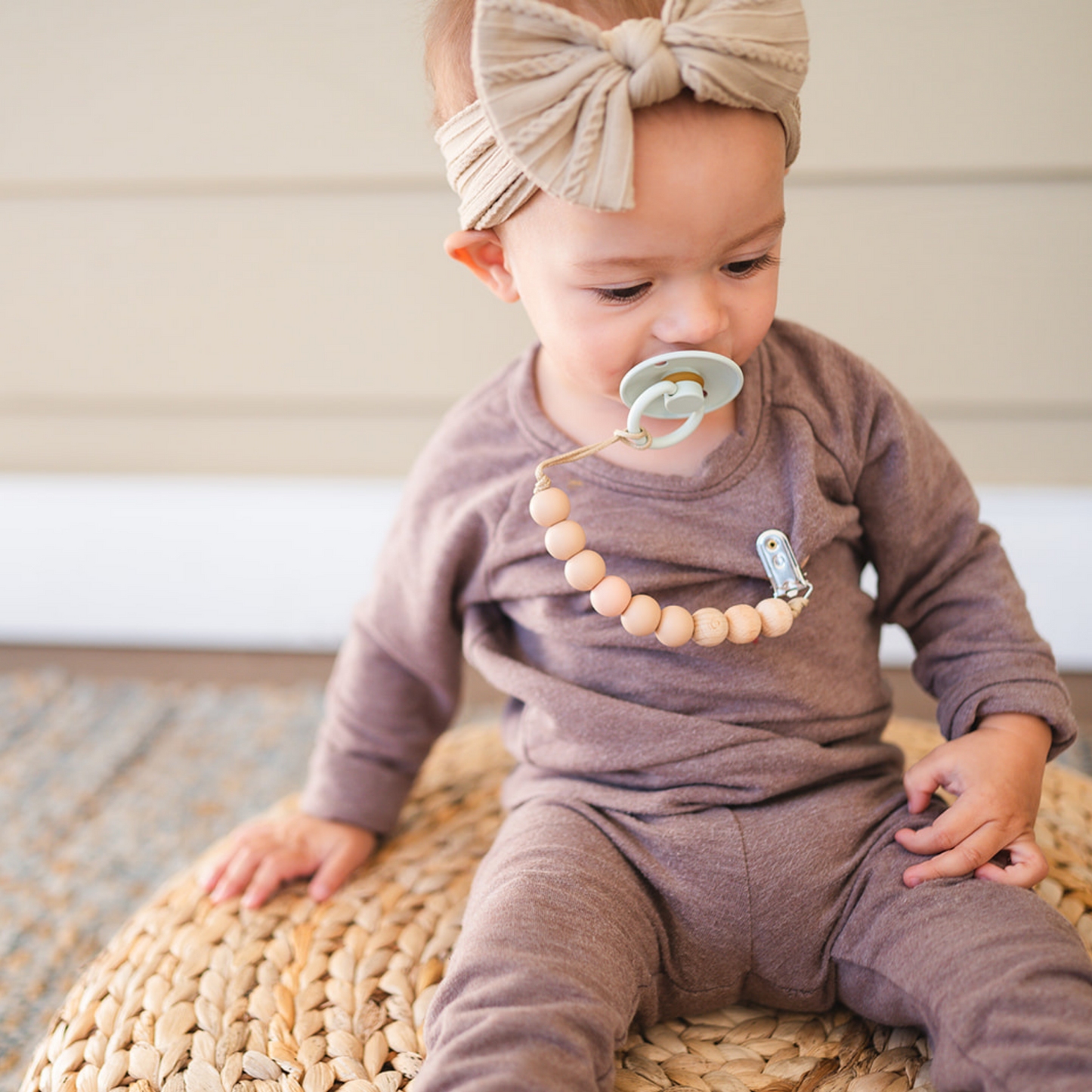 Mustard Beaded Wooden & Silicone Pacifier Clip