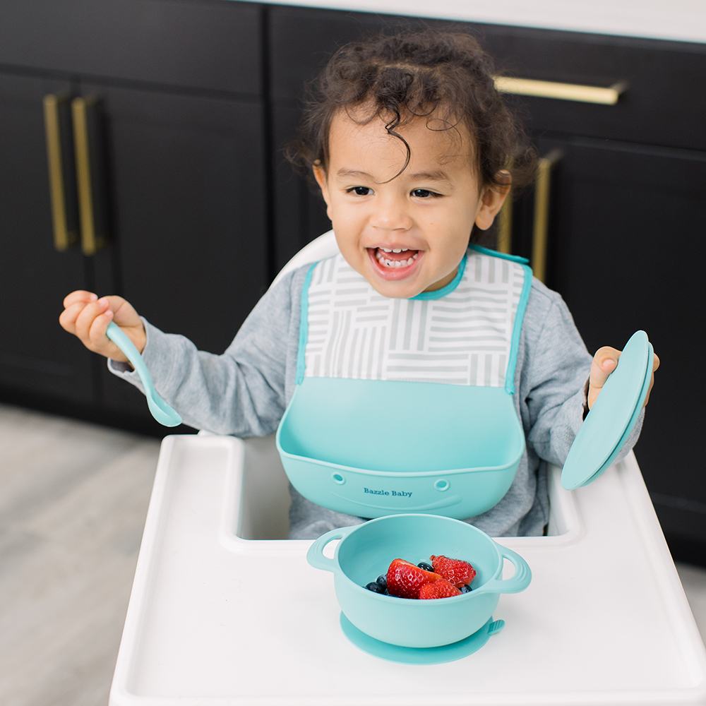 Foodie® Bib -  Roll Up & Button Closed Bib 2-Pack: Silicone + Fabric