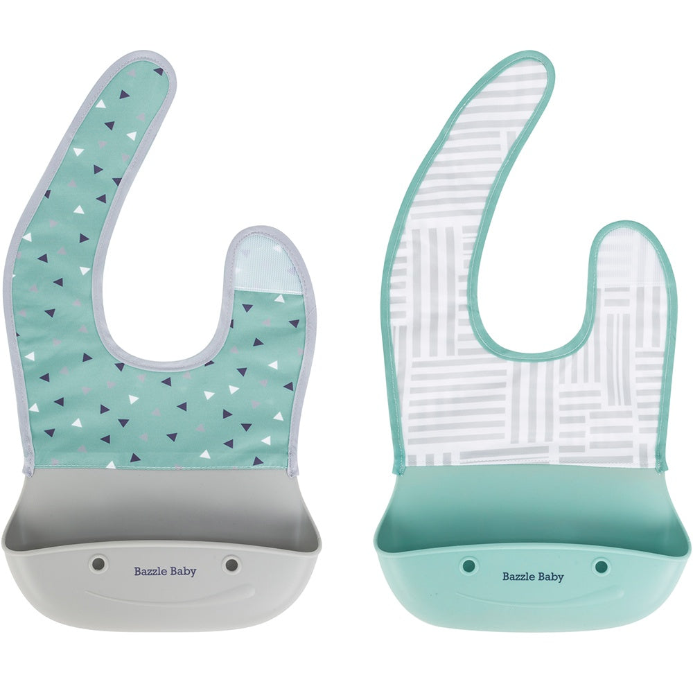Foodie® Bib -  Roll Up & Button Closed Bib 2-Pack: Silicone + Fabric