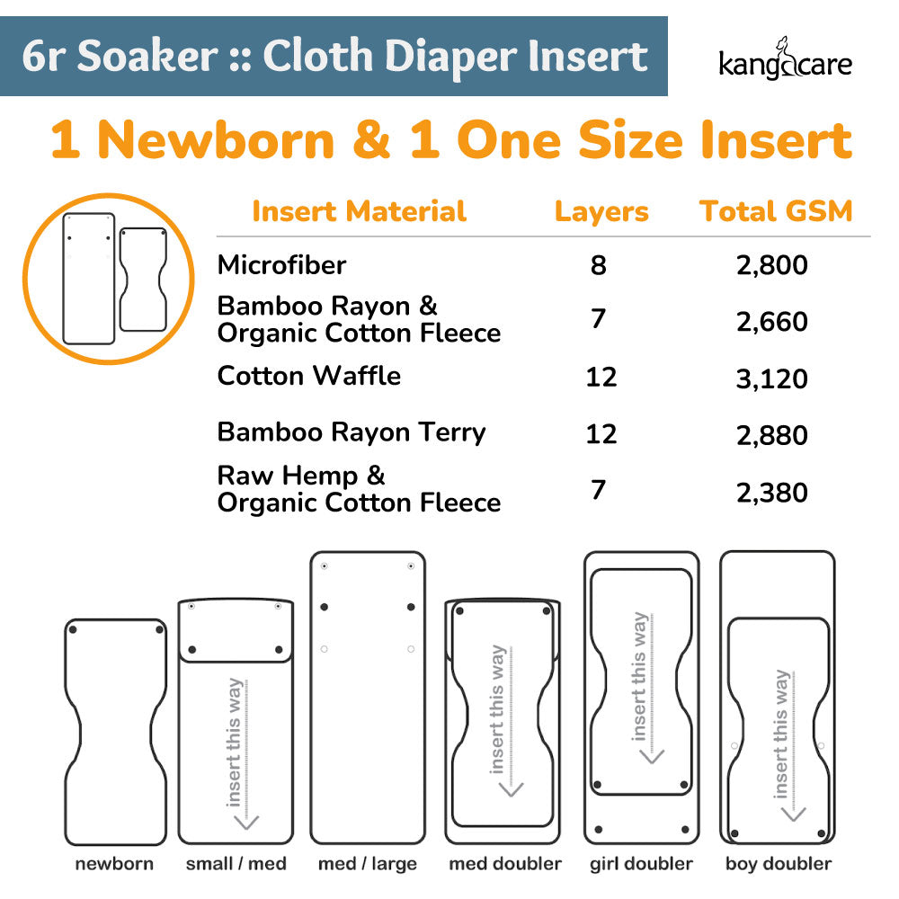 6r Soaker Insert Set | Bamboo Cotton Fleece - 7 Layer Everyday Absorbency