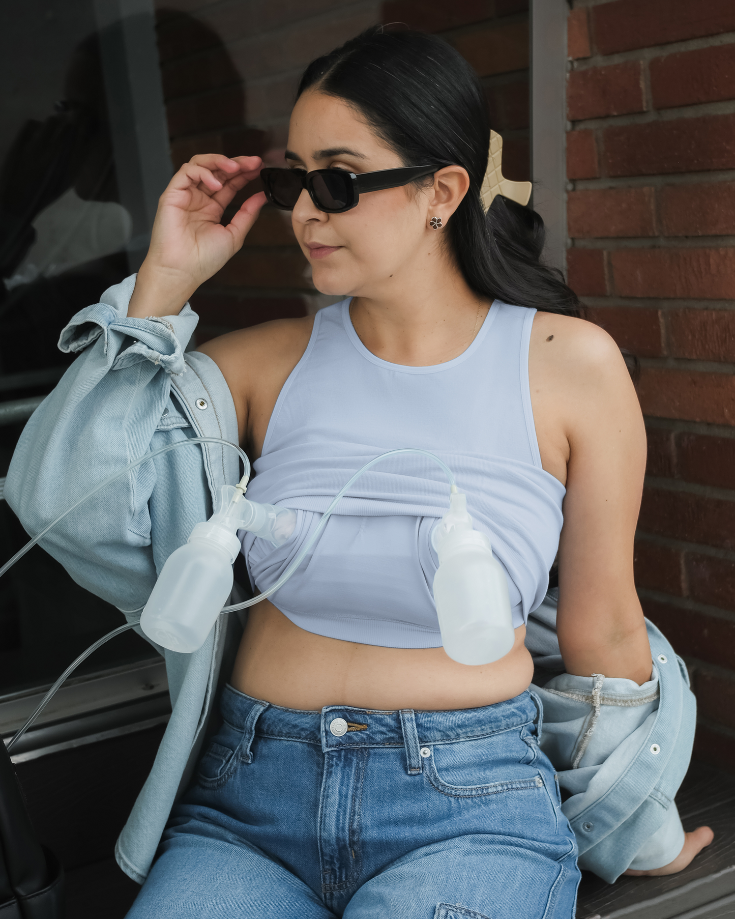 Sublime® Bamboo Hands-Free Pumping Longline Bra Top | French Blue