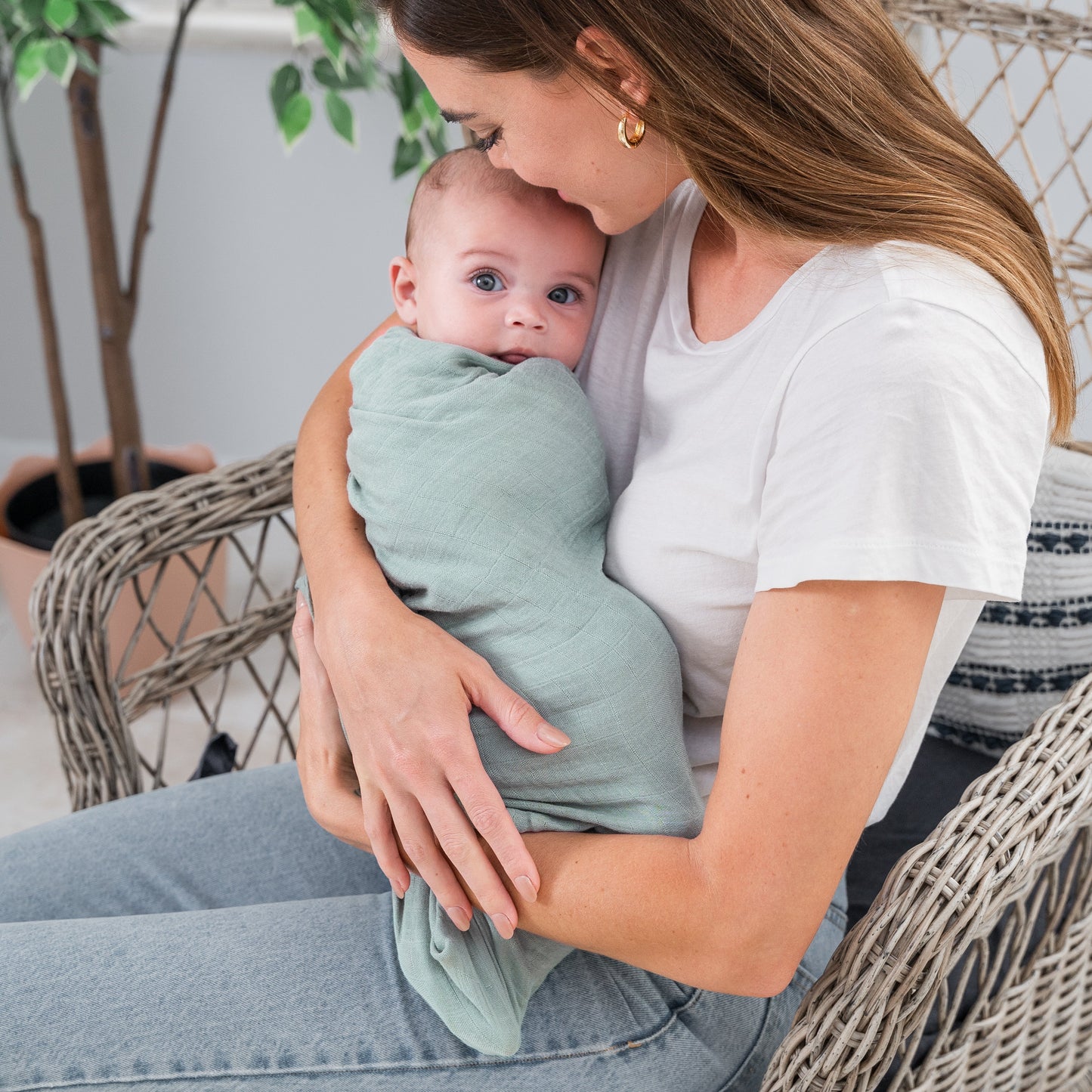 Muslin Swaddle Blanket, 47” x 47” in Pacific Blue & Fern, 2 Pack