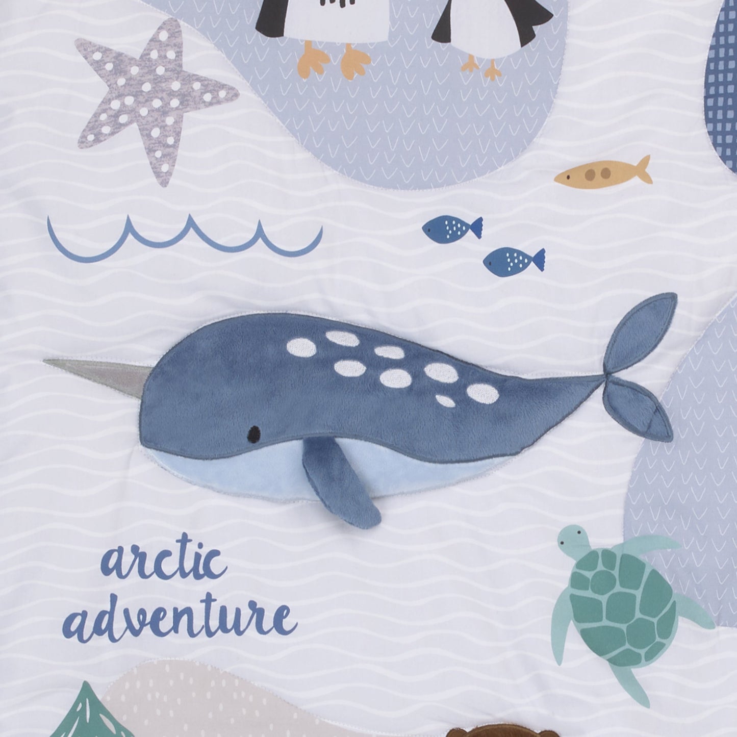 Arctic Adventure Light Blue, White, Taupe and Navy Whales, Walrus, and Otter 4 Piece Nursery Crib Bedding Set - Comforter, 100% Cotton Fitted Crib Sheet, Crib Skirt, and Storage Caddy