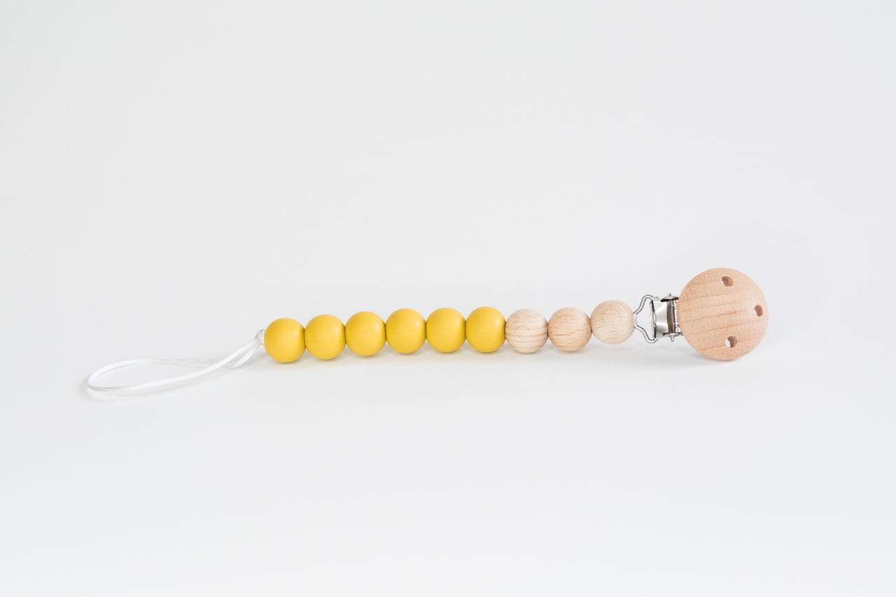Mustard Beaded Wooden & Silicone Pacifier Clip