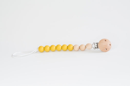 Mustard Beaded Wooden & Silicone Pacifier Clip