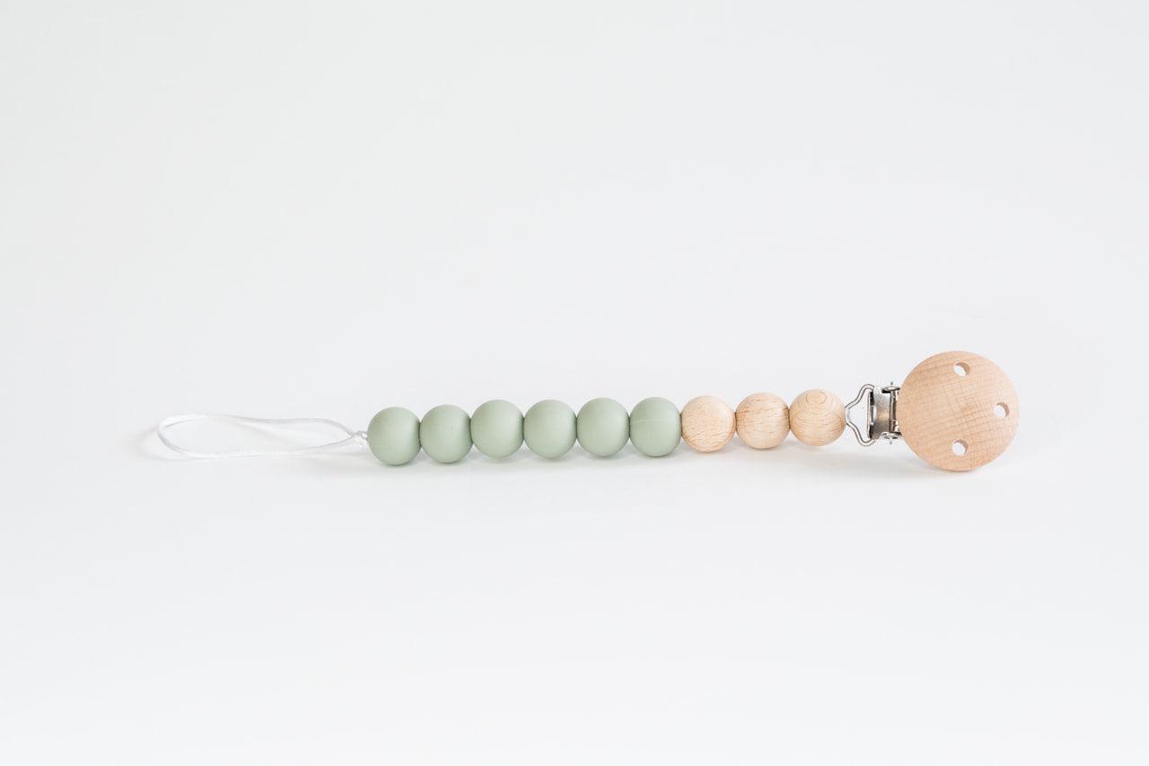 Sage Beaded Wooden & Silicone Pacifier Clip