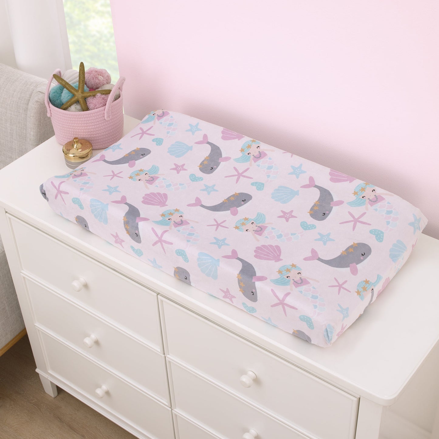 Sugar Reef Mermaid Pink, Aqua, Gray Super Soft Contoured Changing Pad Cover