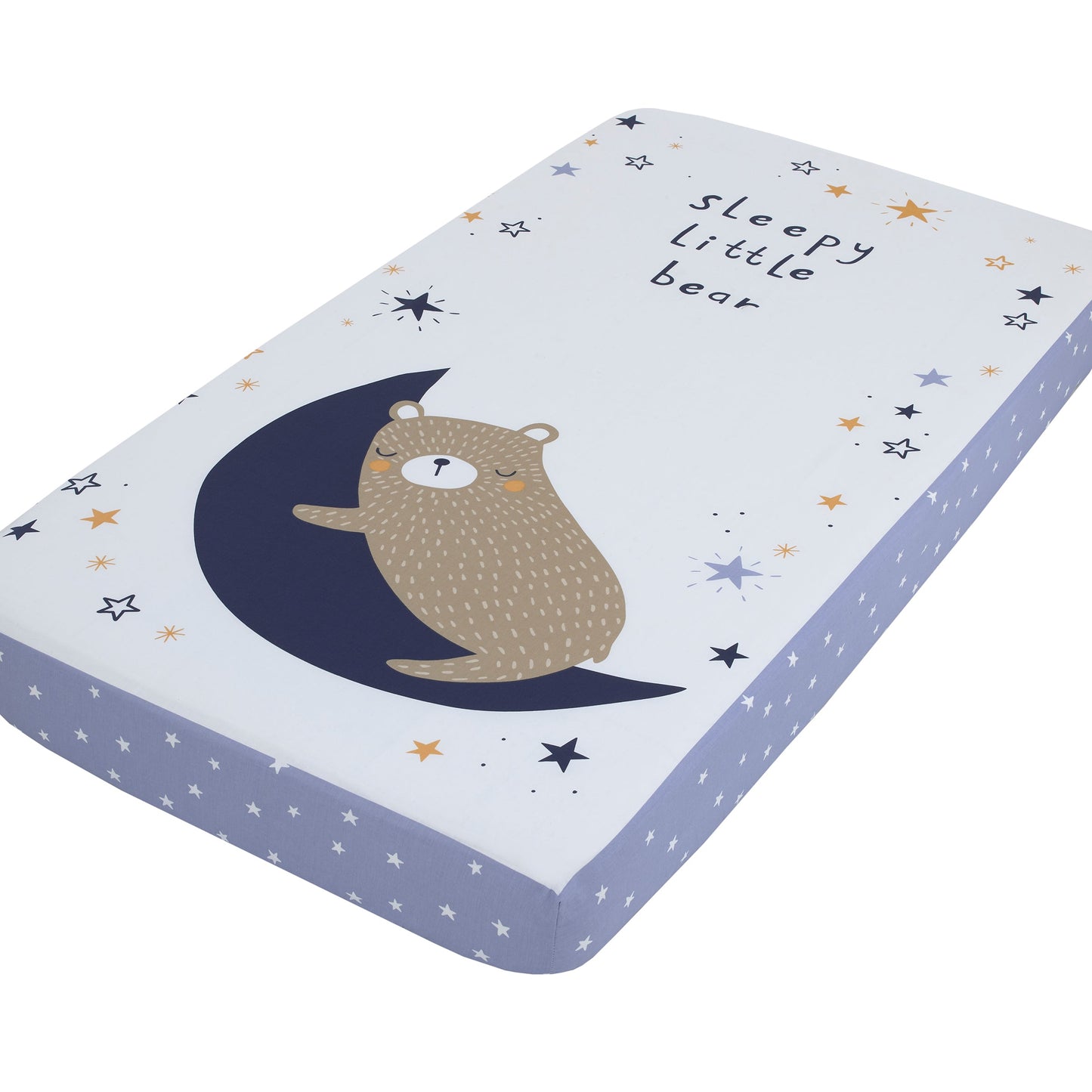 Goodnight Sleep Tight White and Blue Bear, Moon, and Star 100% Cotton Photo Op Fitted Crib Sheet