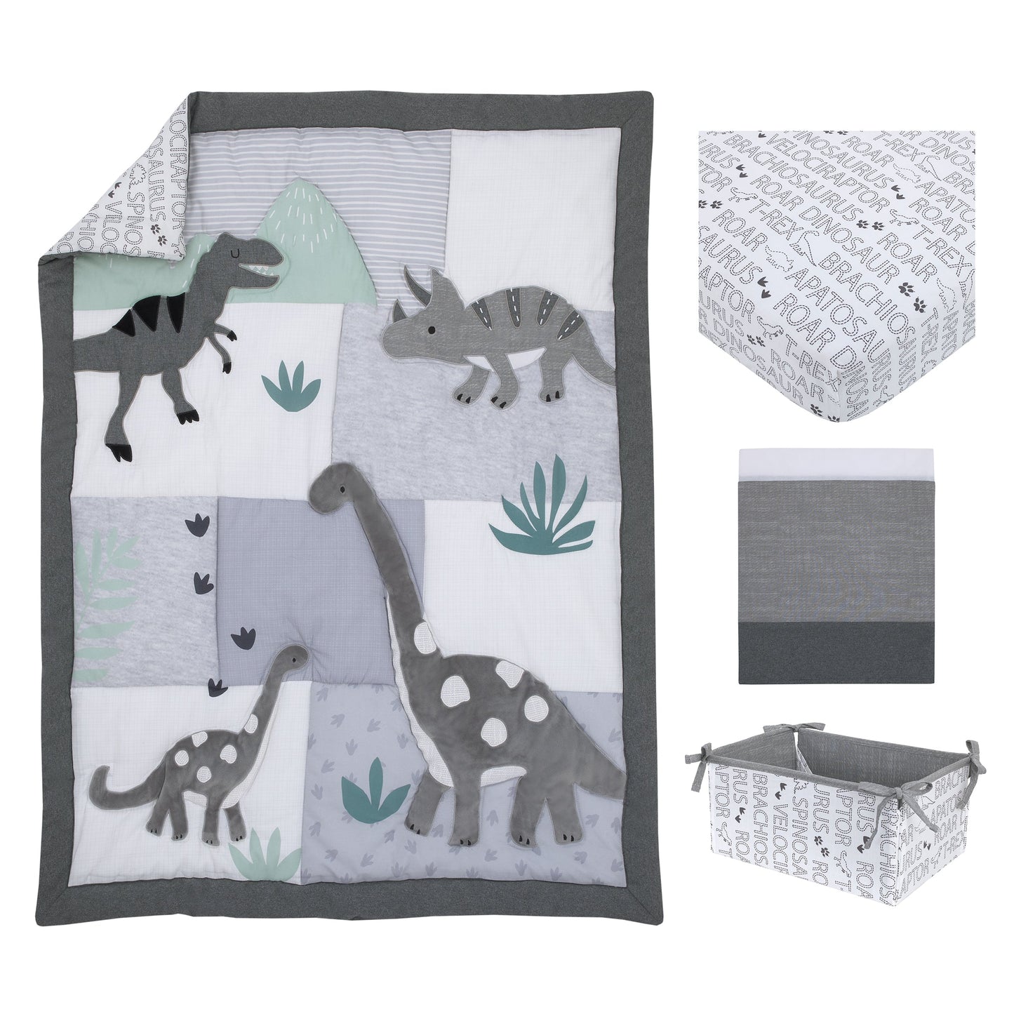 Baby-Saurus Gray, White, and Green Triceratops,  Brontosaurus, and Tyrannosaurus Dinosaurs with Mountains and Leaves 4 Piece Nursery Crib Bedding Set - Comforter, 100% Cotton Fitted Crib Sheet, Crib Skirt, and Storage