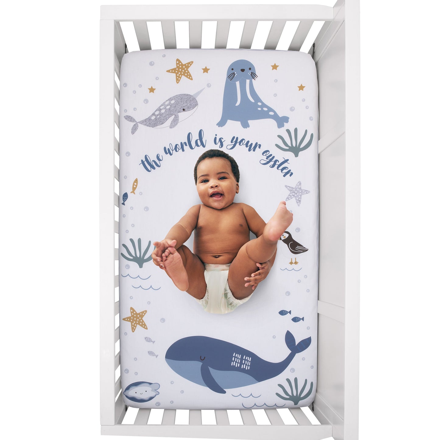 Arctic Adventure Light Blue, White, and Navy Whales, Narwhal, and Walrus "The World is your Oyster" 100% Cotton Photo Op Fitted Crib Sheet