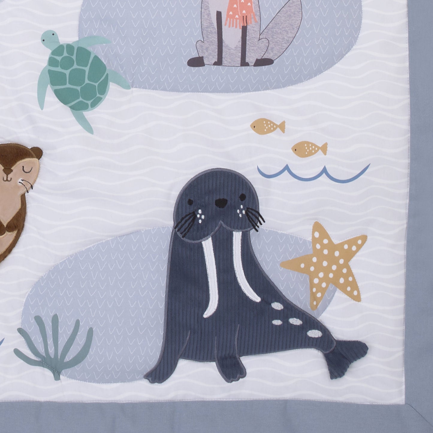 Arctic Adventure Light Blue, White, Taupe and Navy Whales, Walrus, and Otter 4 Piece Nursery Crib Bedding Set - Comforter, 100% Cotton Fitted Crib Sheet, Crib Skirt, and Storage Caddy