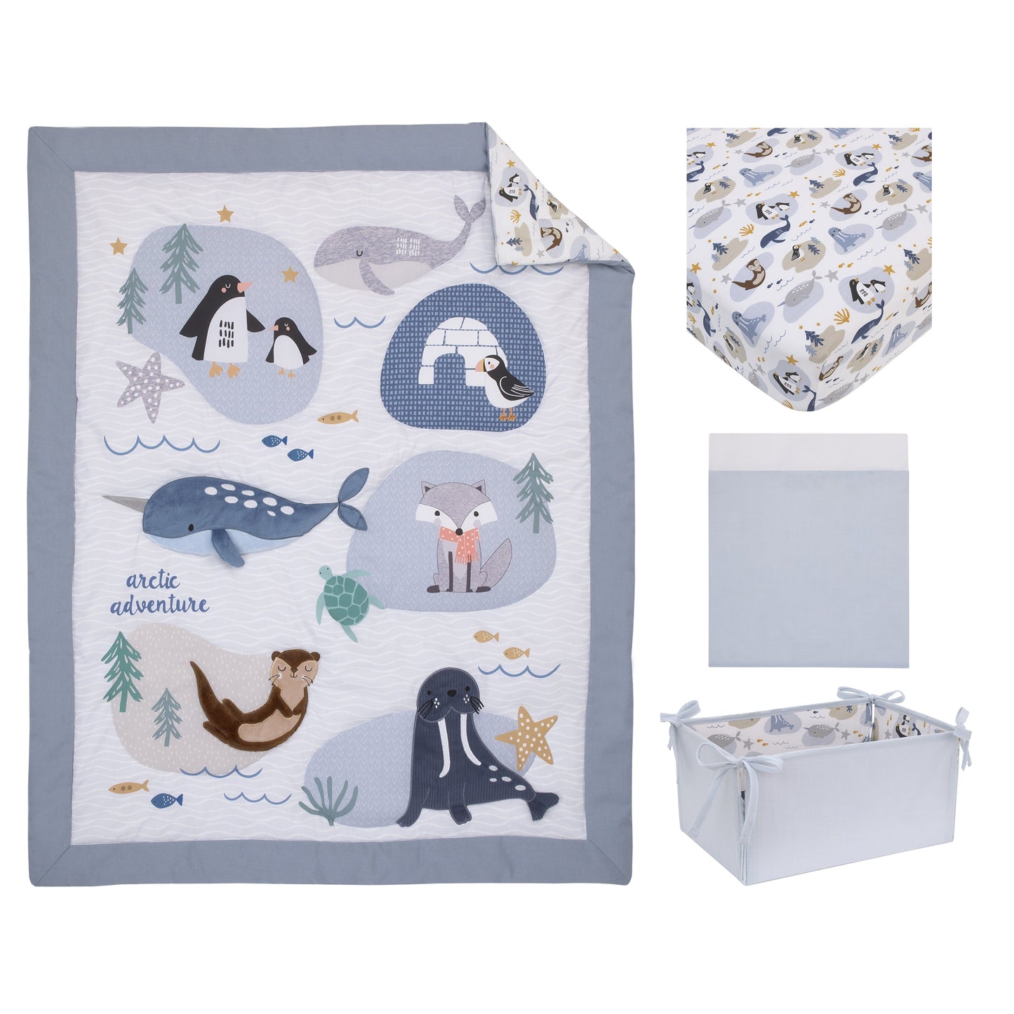Arctic Adventure Light Blue, White, Taupe and Navy Whales, Walrus, and Otter 4 Piece Nursery Crib Bedding Set - Comforter, 100% Cotton Fitted Crib Sheet, Crib Skirt, and Storage Caddy