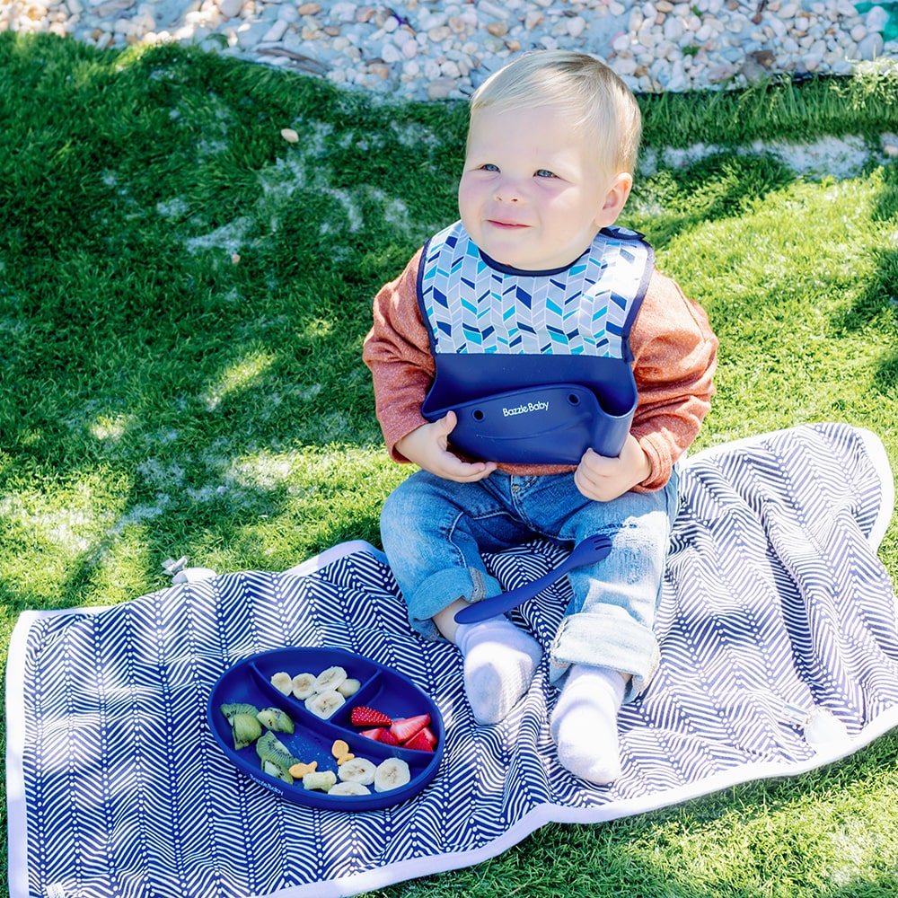 Foodie® Bib -  Roll Up & Button Closed Bib 2-Pack: Silicone + Fabric