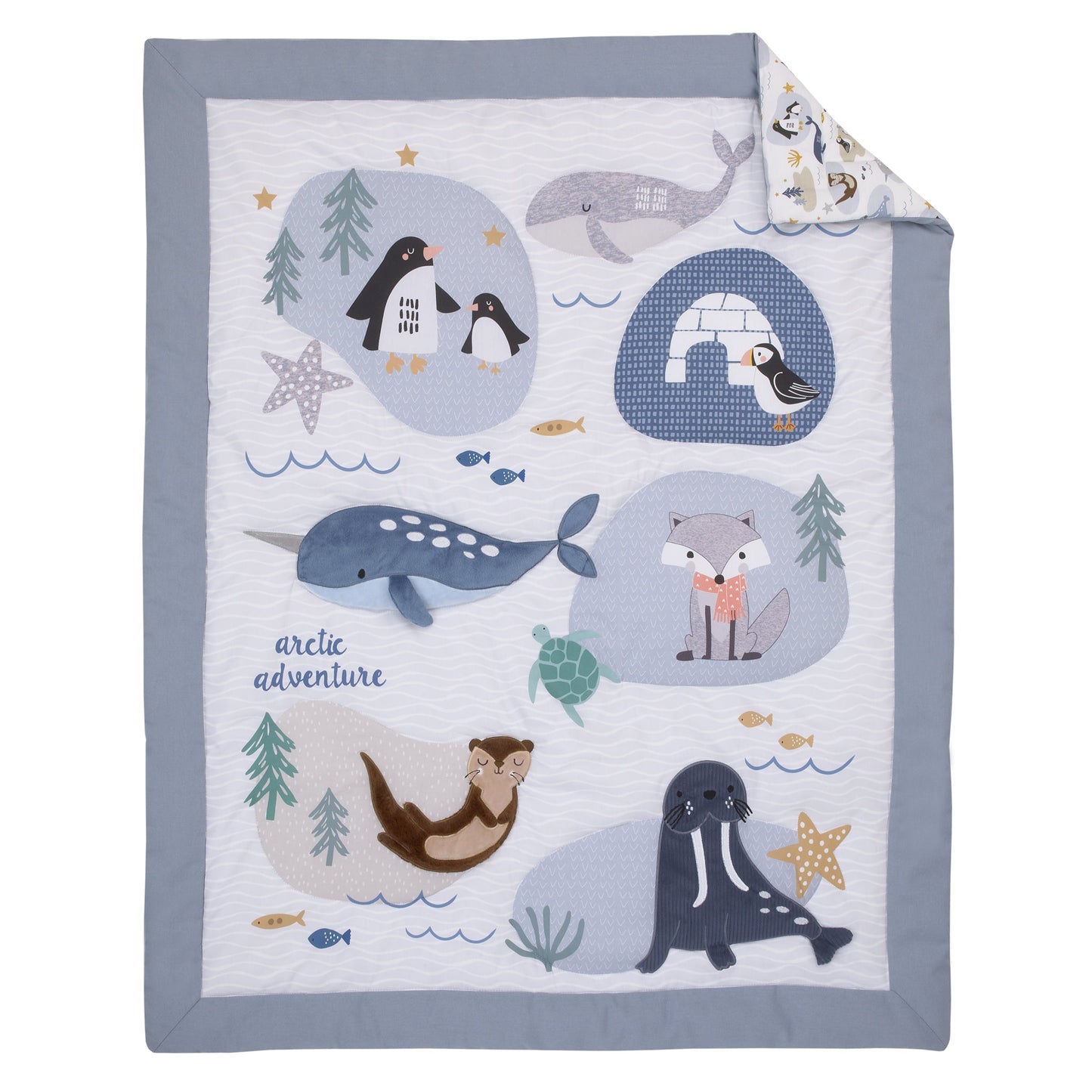Arctic Adventure Light Blue, White, Taupe and Navy Whales, Walrus, and Otter 4 Piece Nursery Crib Bedding Set - Comforter, 100% Cotton Fitted Crib Sheet, Crib Skirt, and Storage Caddy