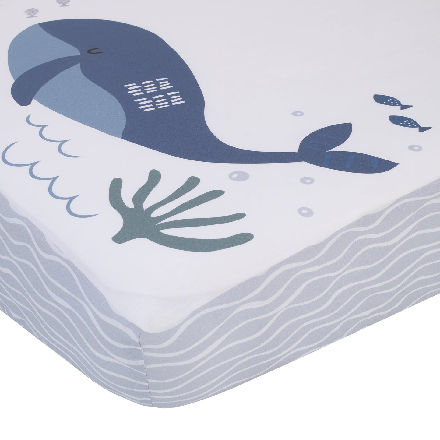 Arctic Adventure Light Blue, White, and Navy Whales, Narwhal, and Walrus "The World is your Oyster" 100% Cotton Photo Op Fitted Crib Sheet