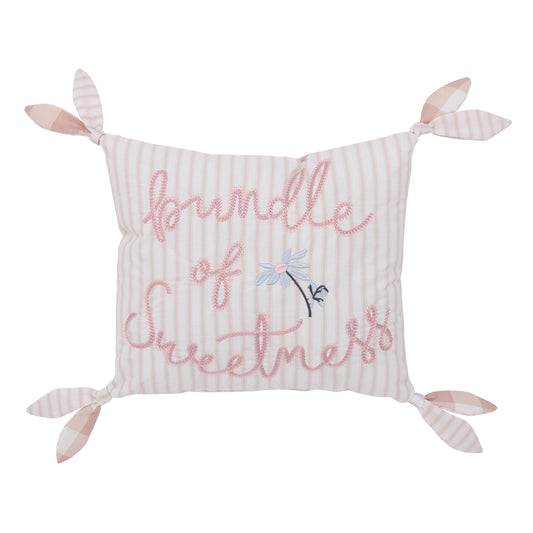 Farmhouse Chic Pink and White Stripe "Bundle of Sweetness" Decorative Throw Pillow with Knotted Ties