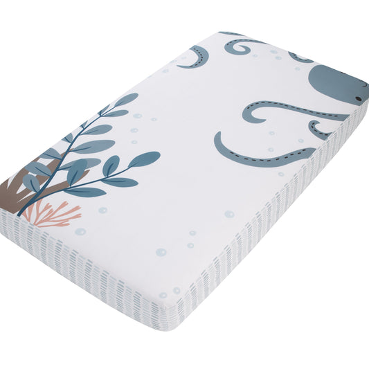 Explore Dream Discover Light Blue, Navy, and White Octopus 100% Cotton Nursery Photo Op Fitted Crib Sheet