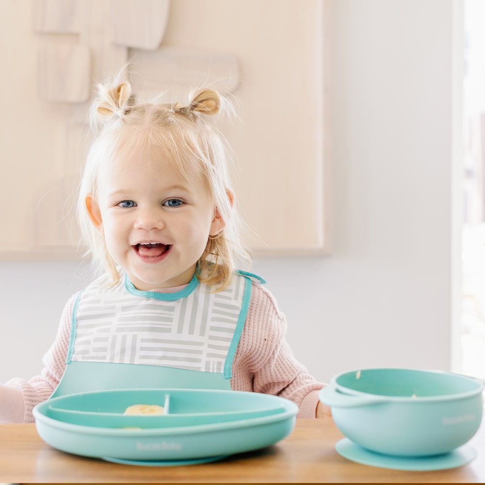 Foodie® Bib -  Roll Up & Button Closed Bib 2-Pack: Silicone + Fabric