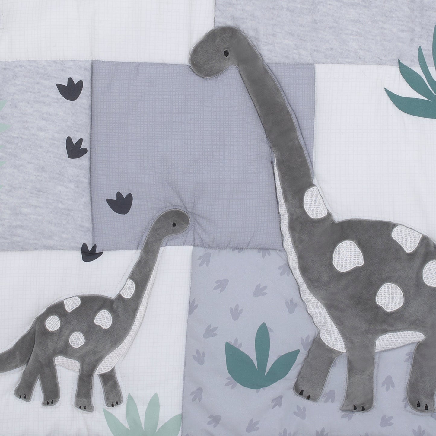 Baby-Saurus Gray, White, and Green Triceratops,  Brontosaurus, and Tyrannosaurus Dinosaurs with Mountains and Leaves 4 Piece Nursery Crib Bedding Set - Comforter, 100% Cotton Fitted Crib Sheet, Crib Skirt, and Storage