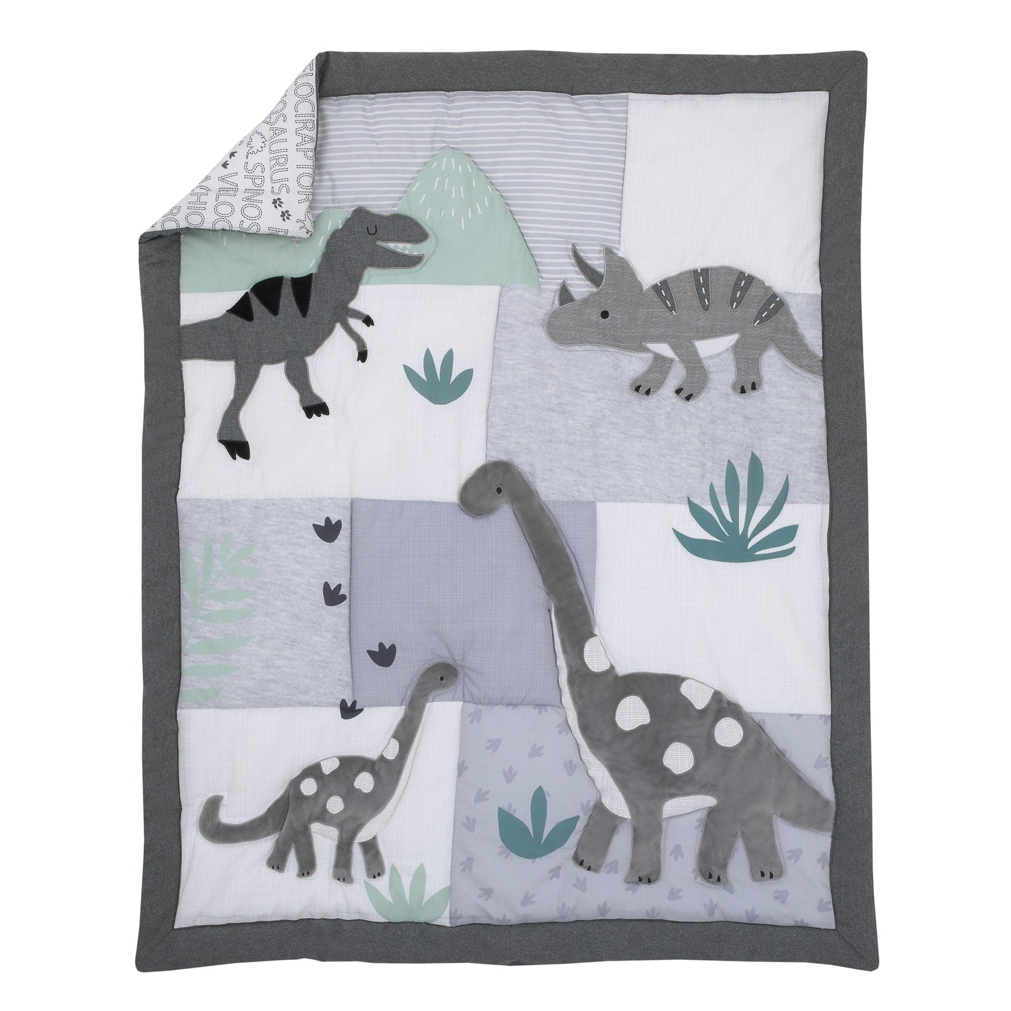 Baby-Saurus Gray, White, and Green Triceratops,  Brontosaurus, and Tyrannosaurus Dinosaurs with Mountains and Leaves 4 Piece Nursery Crib Bedding Set - Comforter, 100% Cotton Fitted Crib Sheet, Crib Skirt, and Storage