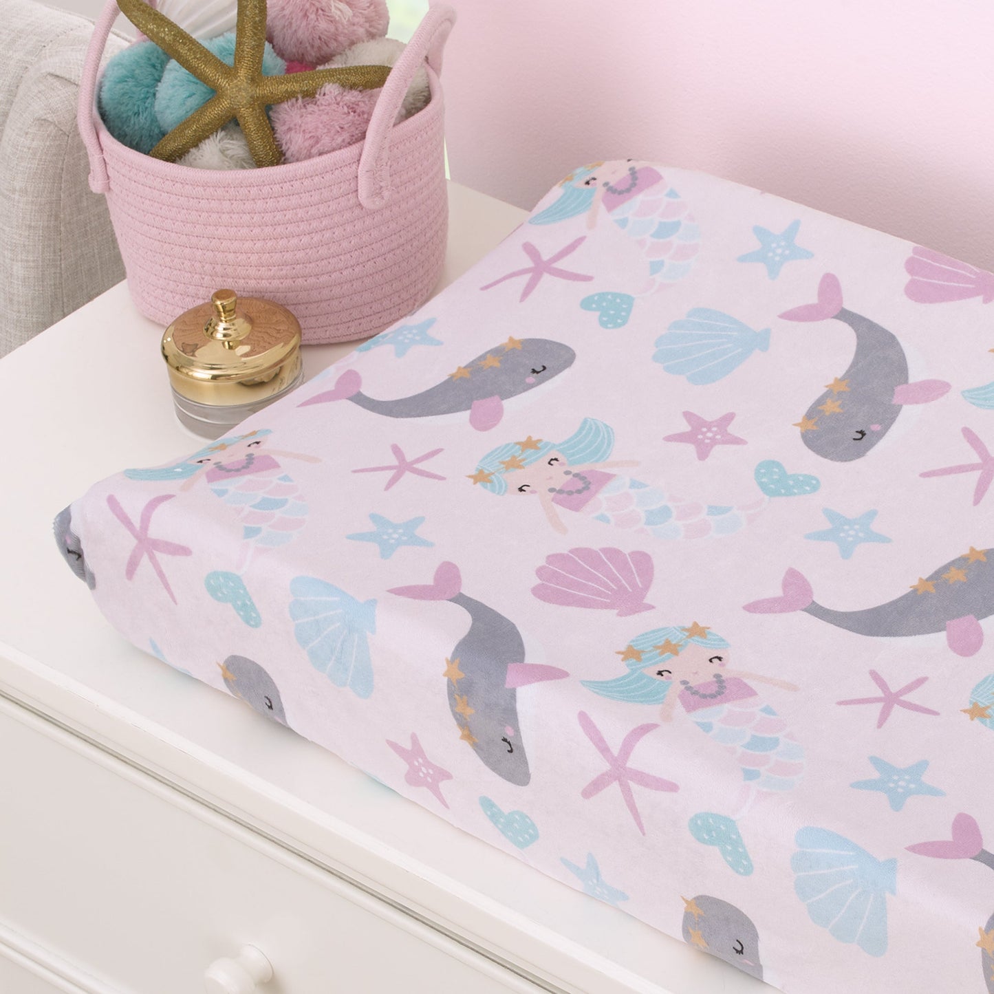 Sugar Reef Mermaid Pink, Aqua, Gray Super Soft Contoured Changing Pad Cover