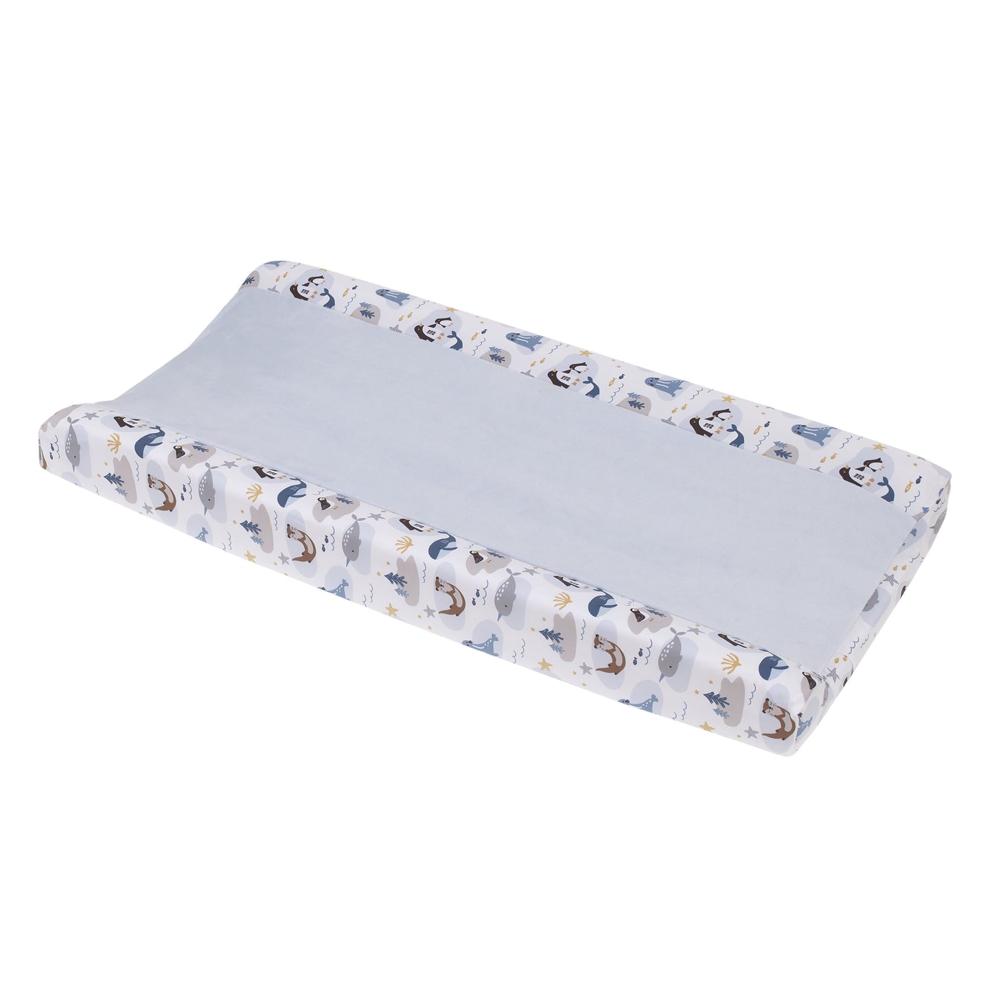 Arctic Adventure Light Blue, White, Navy and Taupe Whales, Penguins, Walrus and Otters Super Soft Contoured Changing Pad Cover
