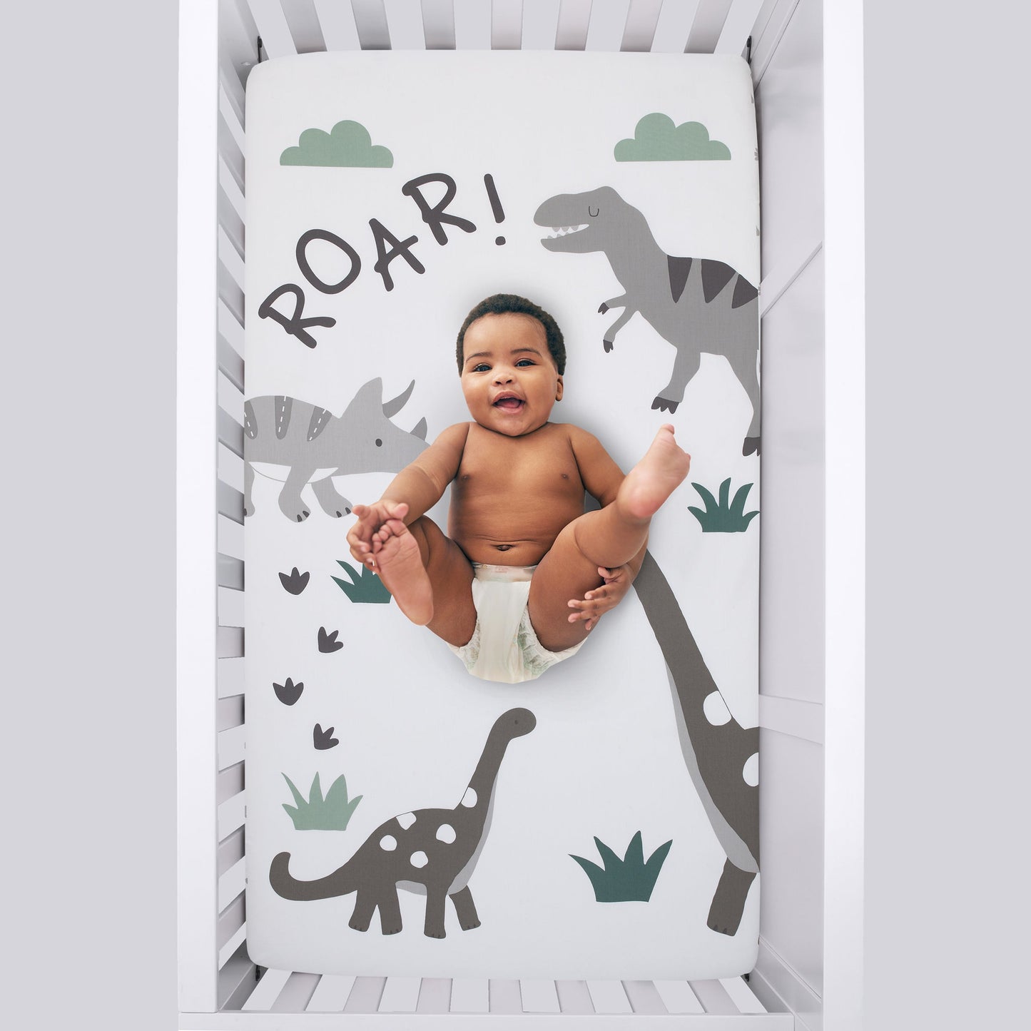 Baby-Saurus Photo Op ROAR White, Gray, and Green Dinosaur with Clouds Nursery Fitted Crib Sheet