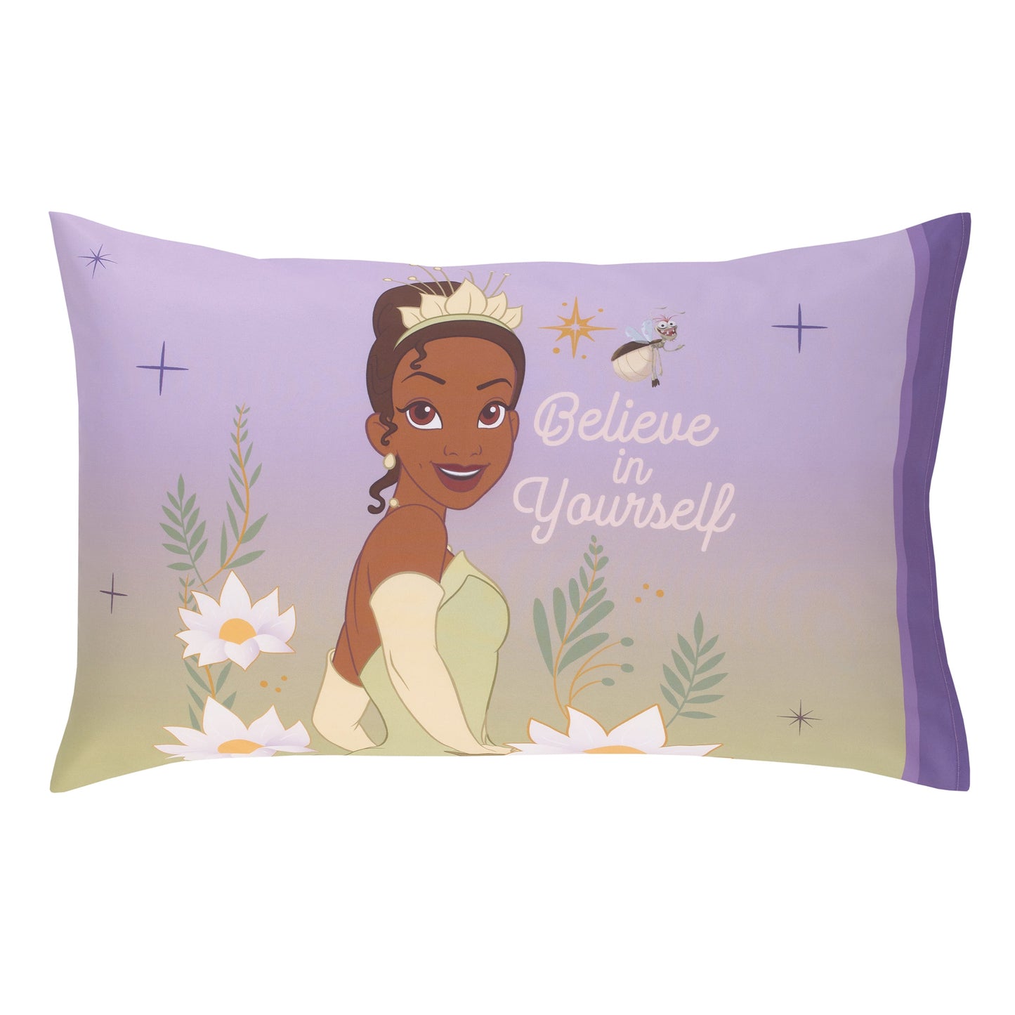 NoJo Disney Princess Tiana Create Your World 4 Piece Toddler Bed Set - Comforter, Fitted Bottom Sheet, Flat Top Sheet, Reversible Pillowcase, Lavender, Green, Yellow