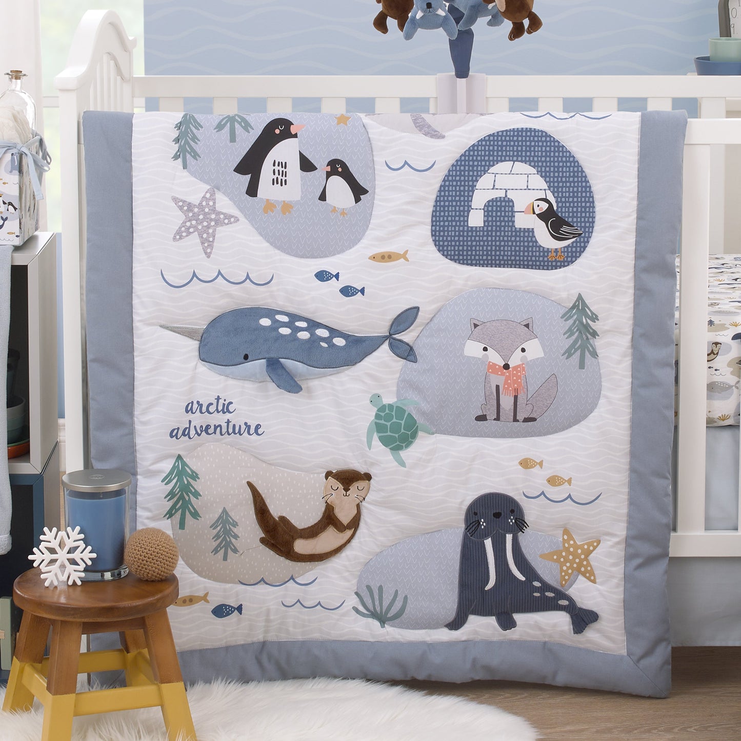 Arctic Adventure Light Blue, White, Taupe and Navy Whales, Walrus, and Otter 4 Piece Nursery Crib Bedding Set - Comforter, 100% Cotton Fitted Crib Sheet, Crib Skirt, and Storage Caddy
