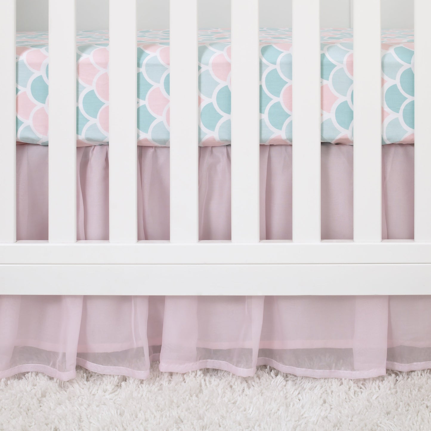 Sugar Reef Mermaid 4 Piece Nursery Crib Bedding Set - Appliqued Round Play Quilt, 100% Cotton Fitted Crib Sheet, Shirred Crib Skirt with 16" Drop, Nursery Organizer
