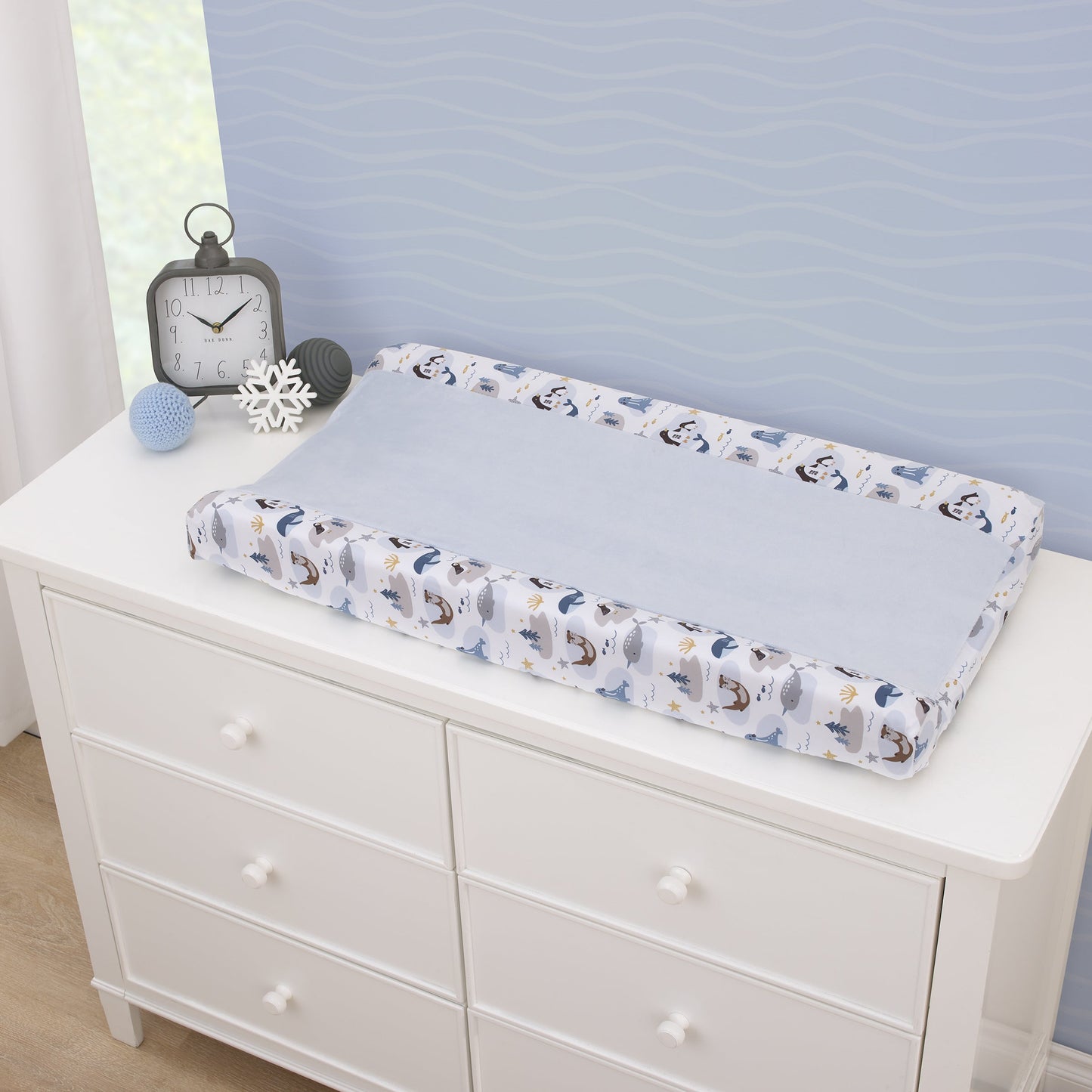 Arctic Adventure Light Blue, White, Navy and Taupe Whales, Penguins, Walrus and Otters Super Soft Contoured Changing Pad Cover
